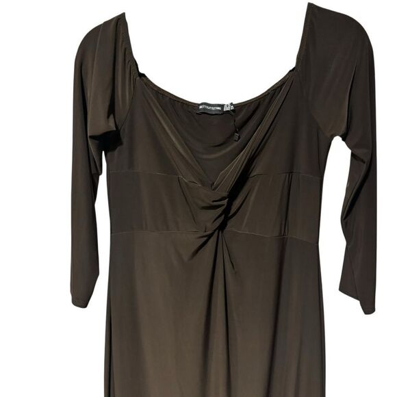 PrettyLittleThing Chocolate Brown 3/4 Sleeve Twist Front Midi Dress Size 14 - Picture 5 of 7